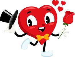 mignonne rouge cœur rétro dessin animé personnage en portant une Rose vecteur