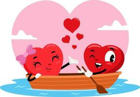romantique rouge cœurs couple rétro dessin animé personnages sur bateau aviron vecteur