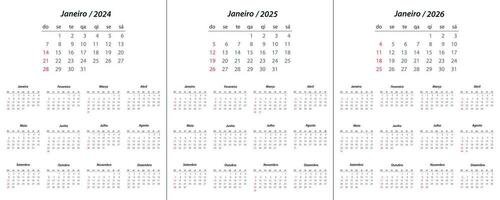 calendrier 2024, calendrier 2025, calendrier 2026 sur Portugais Langue la semaine début dimanche vecteur