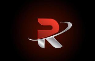 r icône du logo de la lettre de l'alphabet en métal rouge pour l'entreprise avec un design swoosh gris vecteur