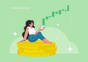 une jeune fille est assise sur des pièces de monnaie et regarde le taux de change monter. illustration vectorielle plane moderne. vecteur
