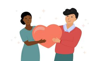 multiracial couple dans l'amour ensemble. femme et homme de différent les courses en portant gros cœur l'amour symbole et souriant. content relation, mariage, famille. vecteur illustration