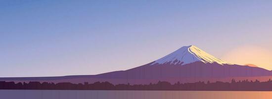 panoramique soir vue de monter Fuji. paysage avec une Montagne de pointe dans Japon. célèbre point de repère fond d'écran. bannière conception avec une Naturel paysage. salutation carte modèle. ciel, soleil, l'eau surface. vecteur