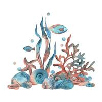 sous-marin monde clipart avec mer animaux des poissons, coquilles, corail et algues. main tiré aquarelle illustration. préfabriqué composition isolé de le Contexte vecteur eps