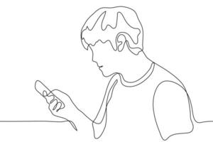 profil dessin de une homme en portant une téléphone cette il est à la recherche à. vecteur illustration un continu ligne art