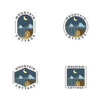 Montagne nuit et chalet badge vecteur illustration avec monoline ou ligne art style