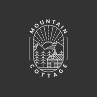 Montagne Matin et chalet badge vecteur illustration avec monoline ou ligne art style