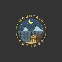 Montagne nuit et chalet badge vecteur illustration avec monoline ou ligne art style