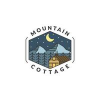 Montagne nuit et chalet badge vecteur illustration avec monoline ou ligne art style