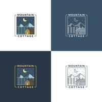Montagne nuit et chalet badge vecteur illustration avec monoline ou ligne art style