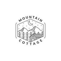 Montagne nuit et chalet badge vecteur illustration avec monoline ou ligne art style