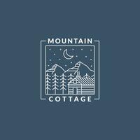 Montagne nuit et chalet badge vecteur illustration avec monoline ou ligne art style