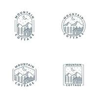 Montagne nuit et chalet badge vecteur illustration avec monoline ou ligne art style