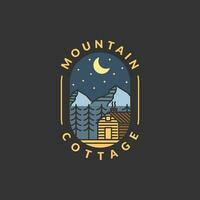 Montagne nuit et chalet badge vecteur illustration avec monoline ou ligne art style