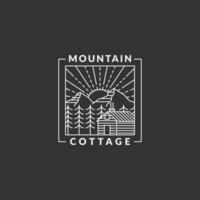 Montagne Matin et chalet badge vecteur illustration avec monoline ou ligne art style