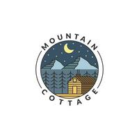 Montagne nuit et chalet badge vecteur illustration avec monoline ou ligne art style