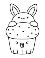 vecteur noir et blanc Pâques petit gâteau pour enfants. mignonne ligne kawaii tasse gâteau avec lapin lapin sur Haut. marrant dessin animé personnage. traditionnel printemps vacances dessert illustration ou coloration page