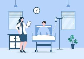 médecin vérifiant un patient dans l'illustration vectorielle de fond de chambre d'hôpital. traitement médical avec les patients pour les soins de santé, la consultation et l'examen de santé vecteur