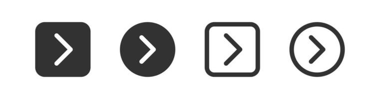 La Flèche suivant icône. bouton vers l'avant panneaux. retour symbole. droite direction symboles. plus page Icônes. noir couleur. vecteur isolé signe.