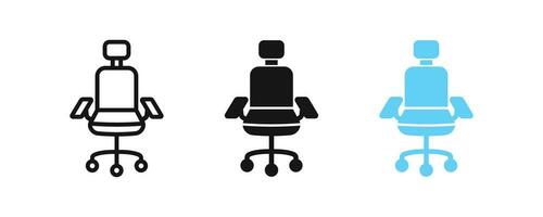 ordinateur chaise icône. Bureau siège symbole. fauteuil panneaux. bureau meubles symboles. confort travail Icônes. noir, bleu couleur. vecteur signe.