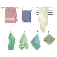 dessin animé les serviettes, bain, cuisine, plage. salle de bains et cuisine les serviettes, Ménage éléments pour hygiène. vecteur nettoyer et Frais microfibre serviette illustration, rouleau textile après laver