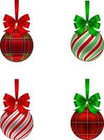 ensemble de boules de Noël isolées avec des arcs. boules de noël avec des textures de tartan et de canne en bonbon vecteur