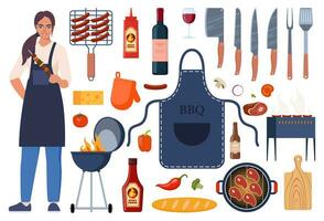 barbecue équipement, Extérieur un barbecue pique-nique éléments. grillé saucisses, Viande, légumes, boissons, et nourriture pour le été gril faire la fête. cuisine outils et Viande. vecteur illustration.