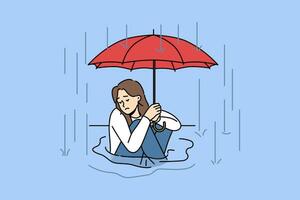 femme est assis dans flaque dans pluie et détient parapluie plus de diriger, en essayant à échapper l'automne averse vecteur