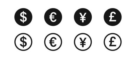 dollar, euro, broyer, et yen Icônes. devise symbole. argent panneaux. en espèces symboles. pièce de monnaie icône. noir couleur. vecteur signe.
