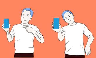 homme au visage heureux montrant son smartphone. illustrations de conception de vecteur de style dessinés à la main.