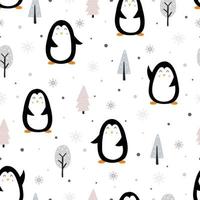 motif de pingouin vectorielle continue debout sur la neige et les flocons de pins. utilisé pour le tissu, la mode, les textiles vecteur