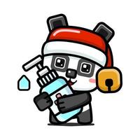 panda de noël mignon de style cube tenant un désinfectant pour les mains vecteur