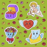 ensemble d'autocollants avec des personnages de dessins animés mignons. clipart de la Saint-Valentin. dessiné à la main. paquet coloré. illustration vectorielle. collection de badges patch. éléments de conception d'étiquettes. pour planificateur quotidien, agenda. vecteur