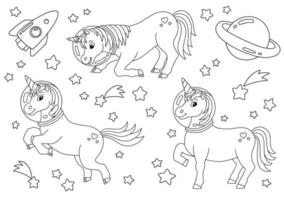 licorne fée magique. cheval mignon. page de livre de coloriage pour les enfants. personnage de style dessin animé. illustration vectorielle isolée sur fond blanc. vecteur