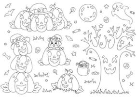 un ensemble de citrouilles drôles, arbre, lune, chat. page de livre de coloriage pour les enfants. thème d'halloween. personnage de style dessin animé. illustration vectorielle isolée sur fond blanc. vecteur