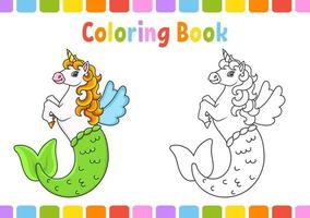 livre de coloriage pour les enfants. jolie licorne sirène. personnage de dessin animé. illustration vectorielle. page fantastique pour les enfants. contour noir. isolé sur fond blanc. vecteur