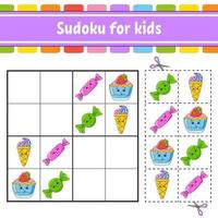 sudoku pour les enfants. feuille de travail de développement de l'éducation. page d'activité avec des images. jeu de puzzle pour les enfants. formation à la pensée logique. illustration vectorielle isolée. drôle de personnage. style coon. vecteur