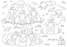 ensemble d'éléments pour citrouilles d'halloween, fantômes, chauves-souris. page de livre de coloriage pour les enfants. personnage de style dessin animé. illustration vectorielle isolée sur fond blanc. vecteur