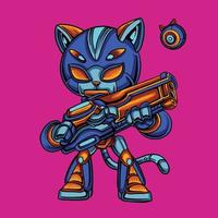 chat bleu, soldat, robot, dessin animé, tenue, pistolet vecteur