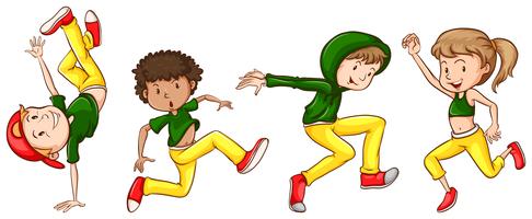 Un croquis des danseurs avec des tenues vertes et jaunes vecteur