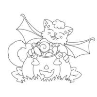 la chauve-souris a trouvé un panier de bonbons. page de livre de coloriage pour les enfants. thème d'halloween. personnage de style dessin animé. illustration vectorielle isolée sur fond blanc. vecteur