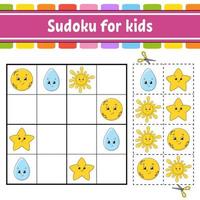 sudoku pour les enfants. feuille de travail de développement de l'éducation. page d'activité avec des images. jeu de puzzle pour les enfants. formation à la pensée logique. illustration vectorielle isolée. drôle de personnage. style de bande dessinée. vecteur