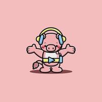 cochon mignon écoutant de la musique avec un personnage de dessin animé de casque vecteur