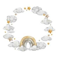 arc en ciel avec des nuages et étoiles. une couronne de des nuages, arcs en ciel et étoiles. Contexte pour les enfants. aquarelle rond Cadre. isolé. conception pour des gamins marchandises, cartes postales, bébé douche et enfants pièce vecteur