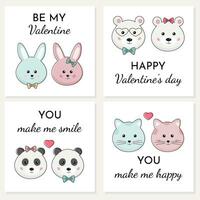 content valentines journée collection de cartes avec romantique marrant animal des couples et slogans. vous faire moi sourire, être mon Valentin. mignonne lapin, ours, Panda, chat. je l'amour vous concept pour vacances salutation carte. vecteur