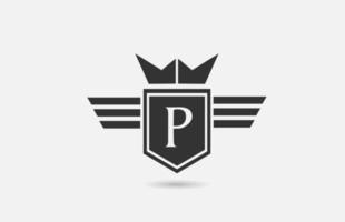 p icône du logo lettre alphabet pour entreprise en noir et blanc. conception de badge créatif avec ailes de couronne royale et bouclier pour les entreprises et les entreprises vecteur