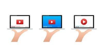 ensemble de vecteur des illustrations montrant mains en portant ordinateurs portables avec vidéo joueur sur filtrer, concept pour en ligne médias joueur interface
