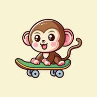 mignon, singe, jouer, skateboard, dessin animé, vecteur, icône, illustration vecteur