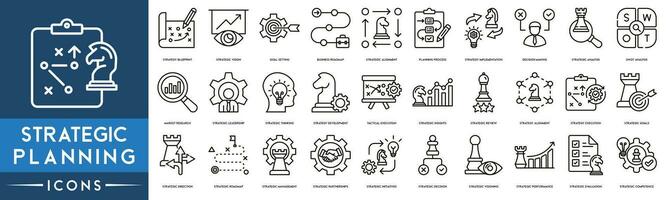 stratégique Planification icône ensemble. inclus le Icônes comme marché recherche, stratégique direction, pensée, développement, connaissances, examen, stratégique buts, feuille de route, décision et stratégique performance vecteur