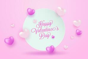 content valentines journée typographie sur blanc cercle avec 3d rose violet cœurs des ballons sur rose Contexte vecteur